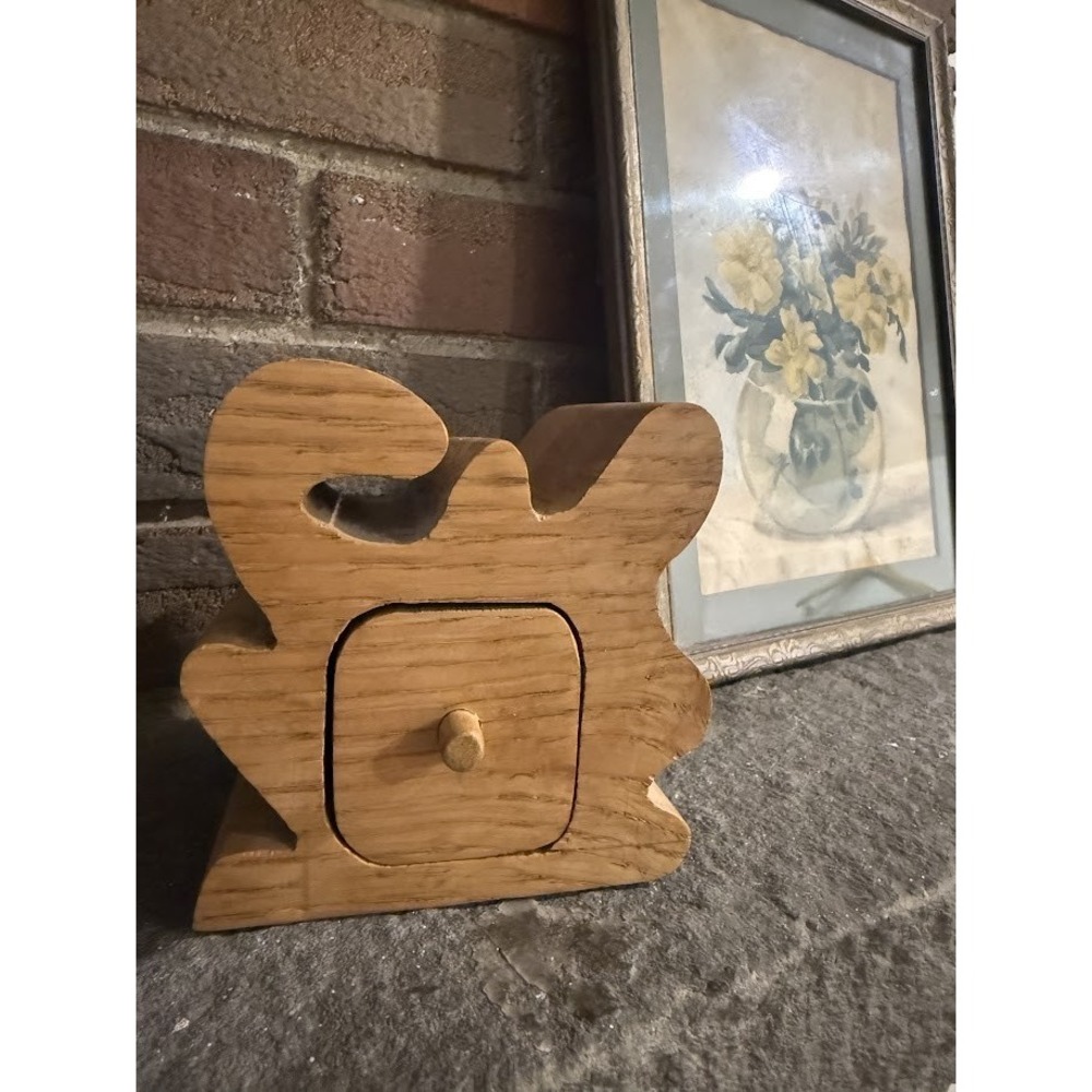 VTG Bandsaw Oak Carved Jewelry Trinket Ring Box Unique Gift Art Deco Style 50s